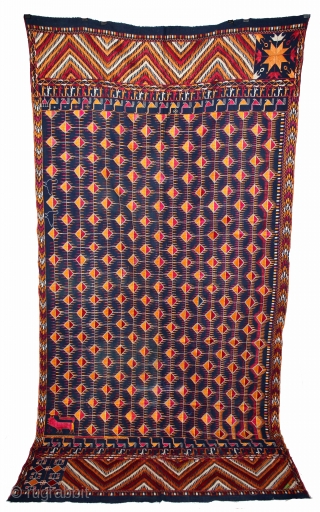 Indigo Phulkari From East(Punjab)India Called As Burfi phulkari.Rare Figure Design.Floss Silk on Hand Spun Cotton khaddar Cloth.Its size is 125cm x 240cm.(DSL04070).           