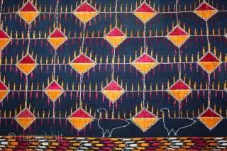 Indigo Phulkari From East(Punjab)India Called As Burfi phulkari.Rare Figure Design.Floss Silk on Hand Spun Cotton khaddar Cloth.Its size is 125cm x 240cm.(DSL04070).           