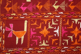 Phulkari From East(Punjab)India Called As Moor(Peacock) Phulkari.Floss Silk on Hand Spun Cotton khaddar Cloth.Its size is 140cm x 237cm.(DSL04080).              