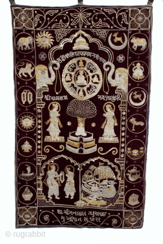 Jain Temple hanging From Gujarat,Inadia.Circa.1900.Real Silver and Gold Zari work.Its Jain Ashatmangal and 14 Sapanas(Dreams) both side.Date is Mention on the bottom.Its size is W-79cm x L-132cm.(DSE05070).      