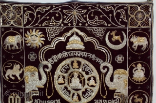 Jain Temple hanging From Gujarat,Inadia.Circa.1900.Real Silver and Gold Zari work.Its Jain Ashatmangal and 14 Sapanas(Dreams) both side.Date is Mention on the bottom.Its size is W-79cm x L-132cm.(DSE05070).      