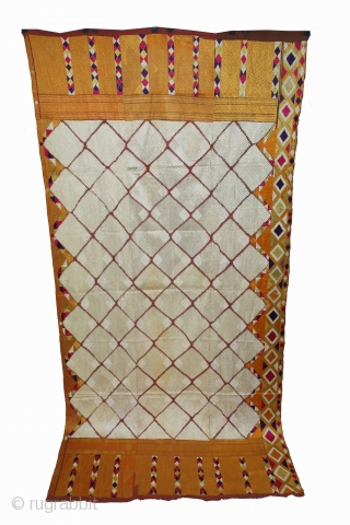 Phulkari From West(Pakistan)Punjab India Called As Chand(Moon) Bagh.C.1900. Rare Pallu with Panch Rangi Side Borders. Floss Silk on Hand Spun Cotton khaddar Cloth. Its size is W-120cm x L-246cm.(DSLE04160).    