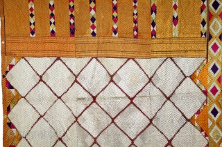 Phulkari From West(Pakistan)Punjab India Called As Chand(Moon) Bagh.C.1900. Rare Pallu with Panch Rangi Side Borders. Floss Silk on Hand Spun Cotton khaddar Cloth. Its size is W-120cm x L-246cm.(DSLE04160).    