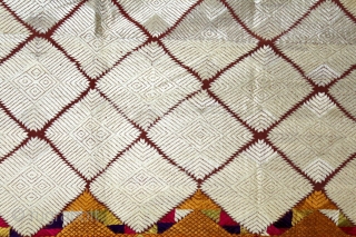 Phulkari From West(Pakistan)Punjab India Called As Chand(Moon) Bagh.C.1900. Rare Pallu with Panch Rangi Side Borders. Floss Silk on Hand Spun Cotton khaddar Cloth. Its size is W-120cm x L-246cm.(DSLE04160).    