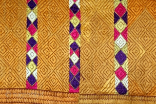 Phulkari From West(Pakistan)Punjab India Called As Chand(Moon) Bagh.C.1900. Rare Pallu with Panch Rangi Side Borders. Floss Silk on Hand Spun Cotton khaddar Cloth. Its size is W-120cm x L-246cm.(DSLE04160).    