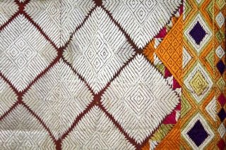 Phulkari From West(Pakistan)Punjab India Called As Chand(Moon) Bagh.C.1900. Rare Pallu with Panch Rangi Side Borders. Floss Silk on Hand Spun Cotton khaddar Cloth. Its size is W-120cm x L-246cm.(DSLE04160).    