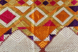 Phulkari From West(Pakistan)Punjab India Called As Chand(Moon) Bagh.C.1900. Rare Pallu with Panch Rangi Side Borders. Floss Silk on Hand Spun Cotton khaddar Cloth. Its size is W-120cm x L-246cm.(DSLE04160).    