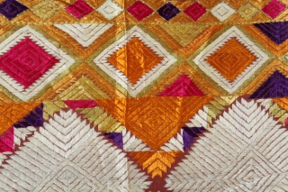 Phulkari From West(Pakistan)Punjab India Called As Chand(Moon) Bagh.C.1900. Rare Pallu with Panch Rangi Side Borders. Floss Silk on Hand Spun Cotton khaddar Cloth. Its size is W-120cm x L-246cm.(DSLE04160).    