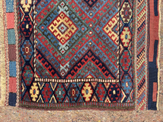Late 19th century Jaf bag.Great condition, full pile, saturated natural colours.
0.68m by 0.64m
Contact gene@heritage-antique-rugs.com for more pics, price etc.