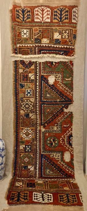 Late 18th/early 19th century Konya fragments, mounted.
Mount size 2.75m by 0.90m
 contact me at gene@heritage-antique-rugs.com                  