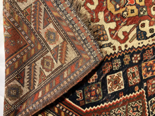 Classic three medallion late 19th century Quashgai rug, in as found condition. Some wear (tension creases)but generally full pile, with minor damage to selvedges and ends.
2.05m by 1.40
gene@heritage-antique-rugs.com     