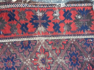 19th century Belouch rug, in distressed condition.
Stunning wool quality and good saturated colours, with non-typical design.
210cm by 104cm (7ft by 3ft 6in)           