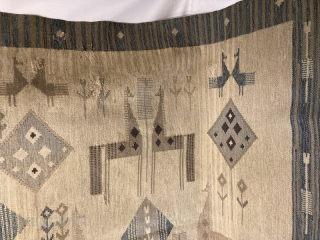 Swedish(?)mid 20th century flatweave.
8ft by 5ft 6in
Note areas of old repair, so inexpensive...
email me at gene@heritage-antique-rugs.com                 