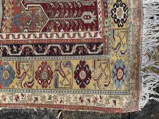 Early 19th century Ladik, in need some t.l.c. Patched, tatty, old repairs, stained, but still very charming... 1.75m by 1.20m
Contact gene@heritage-antique-rugs.com for more pics, price etc.