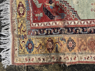 Early 19th century Ladik, in need some t.l.c. Patched, tatty, old repairs, stained, but still very charming... 1.75m by 1.20m
Contact gene@heritage-antique-rugs.com for more pics, price etc.