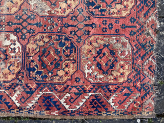 Late 18th early 19th century Ersari carpet, in very distressed condition.
2.52m by 1.76m
email me at gene@heritage-antique-rugs.com for more images              