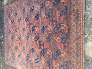 Early 20th century Ersari carpet in good condition, generally low pile, but useable on the floor.
2.72m by 2.26m
contact gene@heritage-antique-rugs.com              