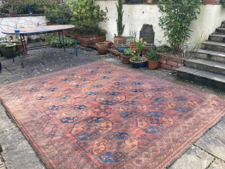 Early 20th century Ersari carpet in good condition, generally low pile, but useable on the floor.
2.72m by 2.26m
contact gene@heritage-antique-rugs.com              