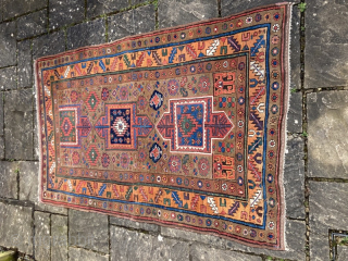 19th century N.W.Persian rug, probably Kurdish/Sauj Bulag
2.17m by 1.36m. Some minor damage needs attention, but full pile and good colours.

www.heritage-antique-rugs.com 
email me at gene@heritage-antique-rugs.com or genedunford@gmail.com
       