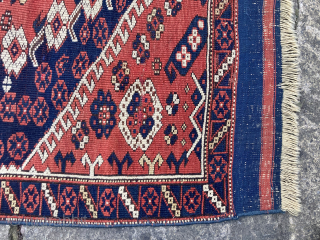 Bijou-like 19th century Kis-Bergama wedding rug. Good colours and reasonable condition, but note tension crease repair in the centre.
107cm by 110cm
Contact gene@heritage-antique-rugs.com for more pics, price etc.      