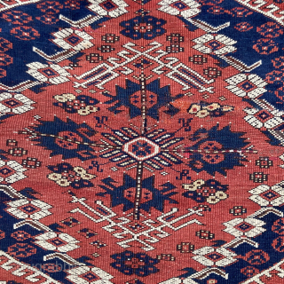 Bijou-like 19th century Kis-Bergama wedding rug. Good colours and reasonable condition, but note tension crease repair in the centre.
107cm by 110cm
Contact gene@heritage-antique-rugs.com for more pics, price etc.      