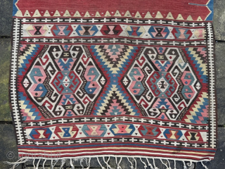 Large antique dowry kelim, from Fetiye, woven to cover the bride's camel. Good condition, note old repair (pictured)
3.25m by 1.48m
Contact gene@heritage-antique-rugs.com for more pics, price etc       