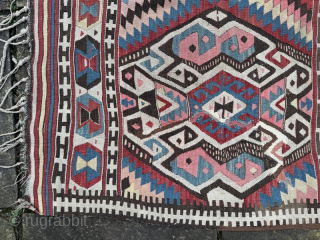 Large antique dowry kelim, from Fetiye, woven to cover the bride's camel. Good condition, note old repair (pictured)
3.25m by 1.48m
Contact gene@heritage-antique-rugs.com for more pics, price etc       