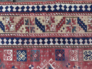 19th century Kazak: great colours, classic design, but very distressed condition, reflected in the price

2.26m by 1.41m

Contact gene@heritage-antique-rugs.com for more pics, price etc          