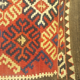 Antique S.E.Anatolian kelim grain bag.Good saturated colours, crisp design
Great colours, could do with a clean.
Old village repairs visible
21in by 40in             