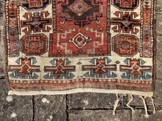 Strikingly graphic 19th century Eastern Anatolian runner, possibly Kurdish. Serious wear to the central field, some nitwit walked on it...
2.75m by 1.10m
Contact gene@heritage-antique-rugs.com for more pics, price etc.     