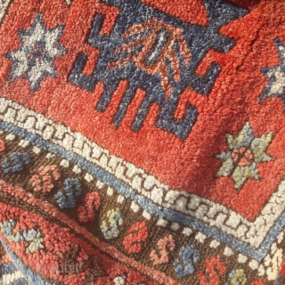 Mid 19th century Antiep rug. A good example of a rare design, great wool, subtle colours. Extensive restoration to edges and ends.
210in by 49in         