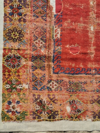 18th century Mujur rug, with stunning colours, but showing its age. 
Superbly well mounted.
68in by 47in
                 