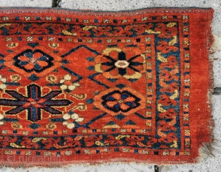19th century Beshir torba, still has plain weave back.
Showing its age with wear and bits missing, but juicy colours and great design
45in by 13in         