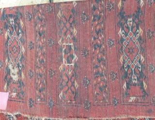 Late 19th century Ersari chuval, soft wool, good colors, but very distressed
90cm by 190cm                   