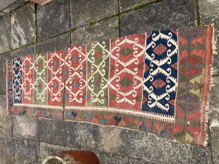 Early 19th century central Anatolian kelim half, in two matching pieces.
One 140cm by 80cm, the other 124cm by 80cm
Distressed condition, but still beautiful.

Contact gene@heritage-antique-rugs.com for more pics
      