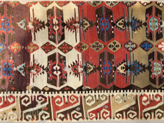 19th century Anatolian kelim half, mounted. Mount size 4.60m by 1.09m, kelim size 4.44m by 0.94m

Contact gene@heritage-antique-rugs.com for more pics             