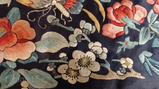 2’5 x 2’11 Chinese Embroidered Panel, Circa 1800, Blossoms and Butterflies embroidered on navy blue and mint green
silk.               