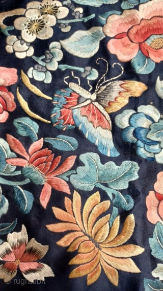 2’5 x 2’11 Chinese Embroidered Panel, Circa 1800, Blossoms and Butterflies embroidered on navy blue and mint green
silk.               