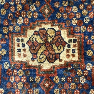 Qashqai rug, ca. 1880-1890, 6’4” x 5’4”/ 193 x 163 cm.

Very nice condition-see photos, flower-inhabited botehs on indigo field, with 
diagonal grid of diamond shaped flowers at spandrels and sides. A rectangular  ...