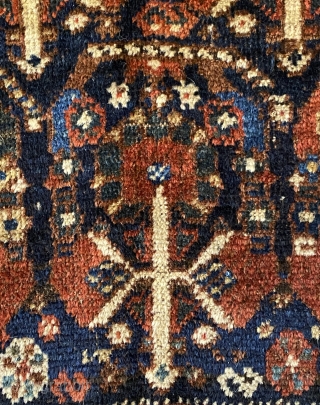 Qashqai rug, ca. 1880-1890, 6’4” x 5’4”/ 193 x 163 cm.

Very nice condition-see photos, flower-inhabited botehs on indigo field, with 
diagonal grid of diamond shaped flowers at spandrels and sides. A rectangular  ...