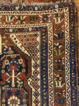 Qashqai rug, ca. 1880-1890, 6’4” x 5’4”/ 193 x 163 cm.

Very nice condition-see photos, flower-inhabited botehs on indigo field, with 
diagonal grid of diamond shaped flowers at spandrels and sides. A rectangular  ...