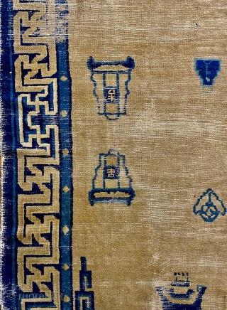 18th Ningshia Carpet, 9’6” x 8’3” / 290 x 251 cm.,

200 yr-old beauty with central medallion of archaic dragons, beautifully drawn Chinese furniture pieces and vases.

Greek-key border. Small areas of repiling at  ...