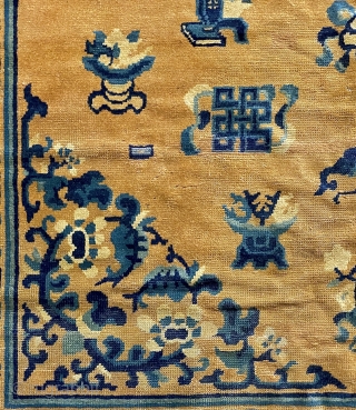 Mid 19th Century Ningshia Carpet, 6’9” x 9’3”

Floral medallion inhabits the center of a honey-yellow ground field, floral scrollwork and blossoms 

arrangements in the spandrels.  Traditional symbols and decorative elements, well  ...