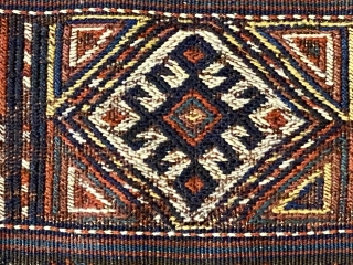 Kurd Qoo-chan Soumac Bagface, ca.1890; 2’9 x 2’4” / 79 x 71 cm.

Decorated with bands of hooked diamonds not unlike symbols seen

on Jaf Kurdish work here set in boxes. Halved diamonds fill  ...