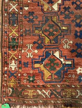 Uzbek Small Carpet or Large Rug, ca. 1890; 4’8” x 12’6”

Overall pattern of Chuval-gul variants with fluidly rendered totemic 

figures between.

Small areas of wear, tiny areas of repiling-please study photos carefully  