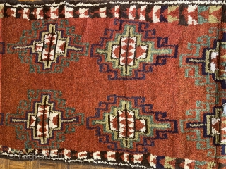 Uzbek long rug/ carpet with Gabbeh weave, ca. 1890, 4’11” x 11’9” / 150 x 358 cm.

Three shade of red in the ground, two madder reds and one slightly tip-faded red-violet which  ...