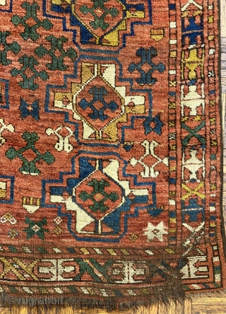 Uzbek Small Carpet or Large Rug, ca. 1890; 4’8” x 12’6”

Overall pattern of Chuval-gul variants with fluidly rendered totemic 

figures between.

Small areas of wear, tiny areas of repiling-please study photos carefully  