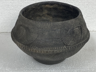 Bang Chaing Vessel / Bowl, black, Bronze Age, ca. 1st - 2nd Millenium BCE; 5”/ 12.7 cm height; 

Purchased from a Legitimate Educational Institution Auction sale

Upper hemisphere decorated with large curls containing  ...