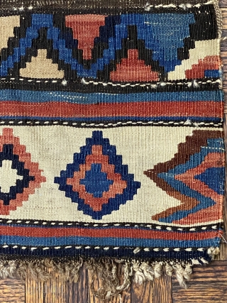 Exceptional Mid 19th C. Shir-van Kilim, ca. 1860; 5’1” x 11’11” / 155 x 363 cm.

Saturated natural colors, and fluid drawing.  Archaic features: extra band width at the ends,

and rainbow inclusions  ...