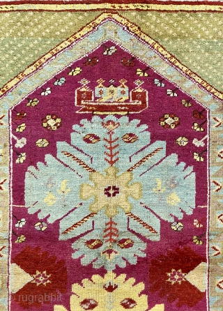 Kirshehir Turkish Prayer Rug, ca. 1890; 3’ 5” x 5’ 4” / 104 x 163 cm

Re-entrant prayer rug with cochineal field with some madder red and

fuchsine details. Two large “snowflake” medallions, plus  ...